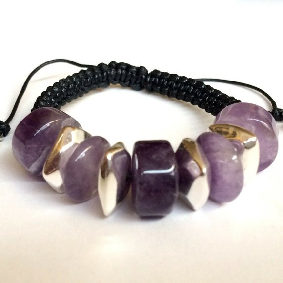 Silver Amethyst Stone Rope Bracelet Purple 6-9" - Picture 1 of 11